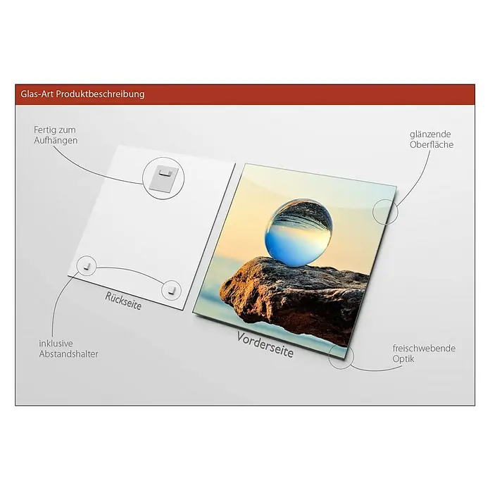 ProArt Glasbild - Blue Drop, B x H: 20 x 20 cm - Glas-Art Produktbeschreibung mit Details zu Aufhängung, Abstandshalter, glänzender Oberfläche und schwebender Optik des Glasbildes.