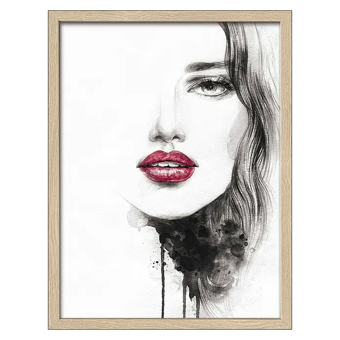 ProArt Bild - Woman Face, B x H: 33 x 43 cm - Elegantes gerahmtes Porträt einer Frau mit rotem Lippenstift, gezeichnet in Aquarelltechnik. Ein stilvolles Wandbild für moderne Interieurs.