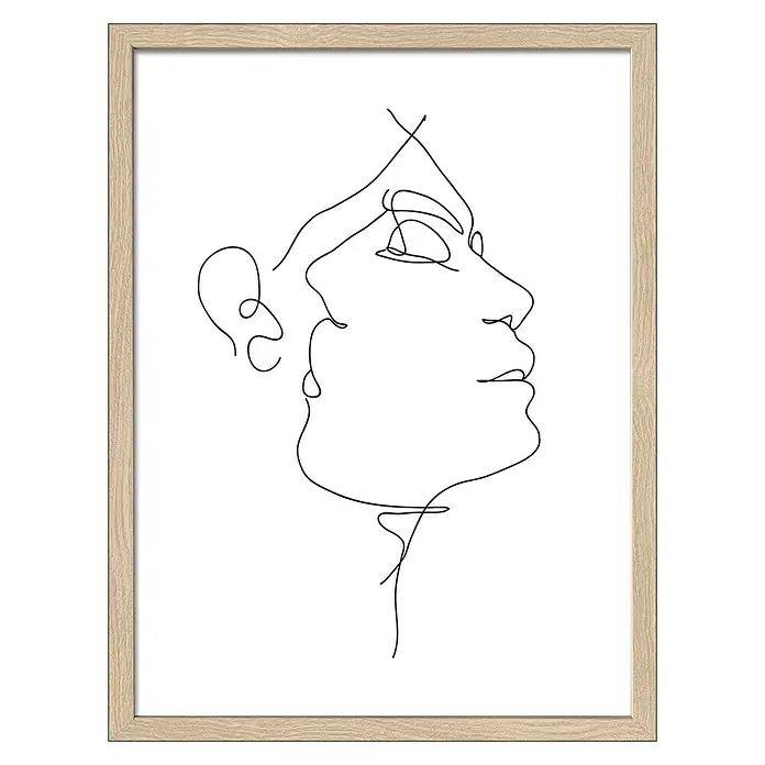 ProArt Bild - Sketch Faces I, B x H: 33 x 43 cm - Gerahmtes Liniengemälde einer Frau im Profil. Das Kunstwerk besticht durch seine schlichte Eleganz und den hellen Holzrahmen.