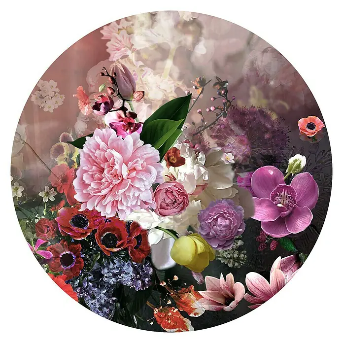ProArt Glasbild - Flowermix II, Durchmesser: 20 cm - Farbenprächtiges Blumenarrangement, das eine Vielzahl von Blüten in sanften Rosa- und Lilatönen präsentiert und eine ruhige, künstlerische Atmosphäre schafft.