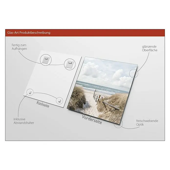 ProArt Glasbild - Way to Beach, B x H: 50 x 50 cm - Produktbeschreibung für Glasbilder: Rückseite mit Aufhängung und Abstandshalter, Vorderseite mit glänzender Oberfläche für schwebende Optik.