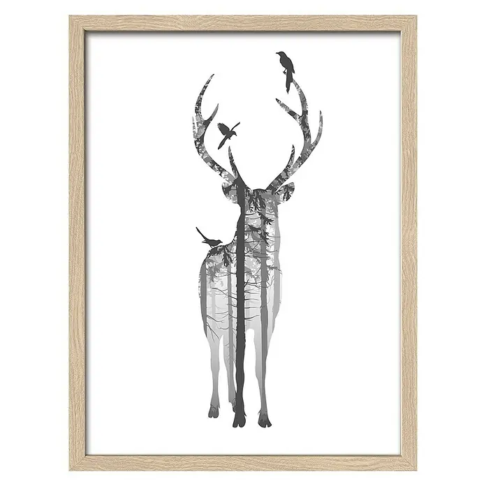 ProArt Bild - Deer with Birds, B x H: 33 x 43 cm - Gerahmtes Bild eines Hirsches mit Wald-Silhouette und Vögeln, eine elegante Wanddekoration für ein naturnahes Ambiente.