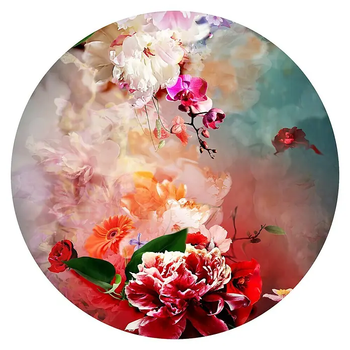 ProArt Glasbild - Flowermix III, Durchmesser: 20 cm - Florales Design mit roten und weißen Blumen, kunstvoll arrangiert auf einem runden Untergrund mit Farbverläufen.