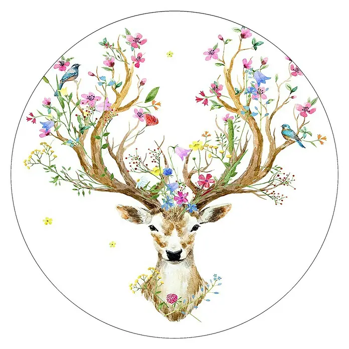 ProArt Glasbild - Beautiful Deer, Durchmesser: 30 cm - Aquarellbild eines Hirsches mit Blumen und Vögeln auf dem Geweih, in einem runden Format. Schönes dekoratives Element.