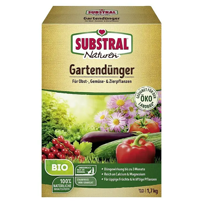 Substral Naturen Bio-Gartendünger - 1,7 kg, Max. Anwendungsfläche: 42 m² - Verpackung Substral Naturen Gartendünger, ideal für Obst-, Gemüse- & Zierpflanzen, mit Bio-Qualität und natürlichen Inhaltsstoffen für üppige Ernten.