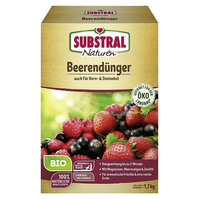 Substral Naturen Beerendünger1,7 kg, Passend für: Bis zu 34 Sträucher - Abbildung einer Packung Substral Naturen Beerendünger, ein organischer Dünger für Beeren und Kernobst, geeignet für den ökologischen Landbau.