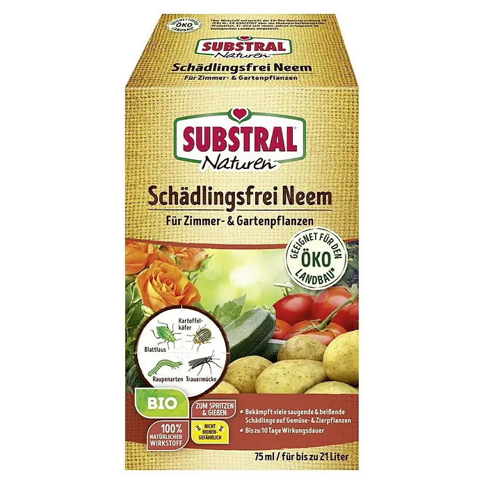 Substral Naturen Bio-Schädlingsfrei Neem - 75 ml - Bild einer Packung Substral Naturen Schädlingsfrei Neem, einem Schädlingsbekämpfungsmittel für Zimmer- und Gartenpflanzen.