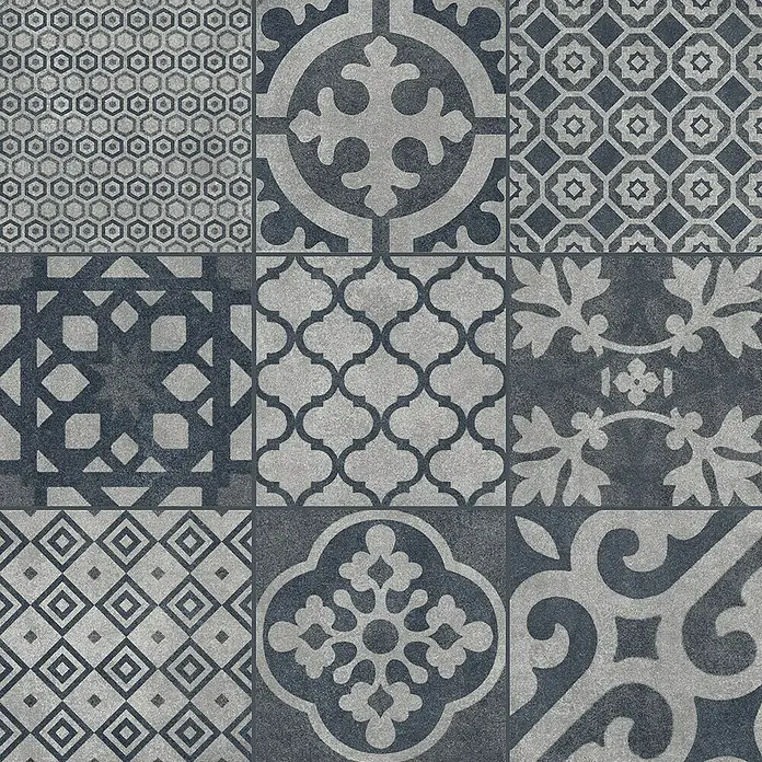 Ambiente by Palazzo Feinsteinzeugfliese Vintage60 x 60 cm, Schwarz, Matt - Dekoratives Fliesenmuster mit geometrischen und floralen Elementen in Grau- und Blautönen für stilvolle Innenräume.