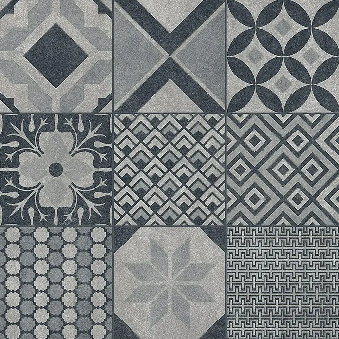 Ambiente by Palazzo Feinsteinzeugfliese Vintage60 x 60 cm, Schwarz, Matt - Dekorfliese mit einem Mosaik aus neun verschiedenen grauen Mustern für ein stilvolles und modernes Design.