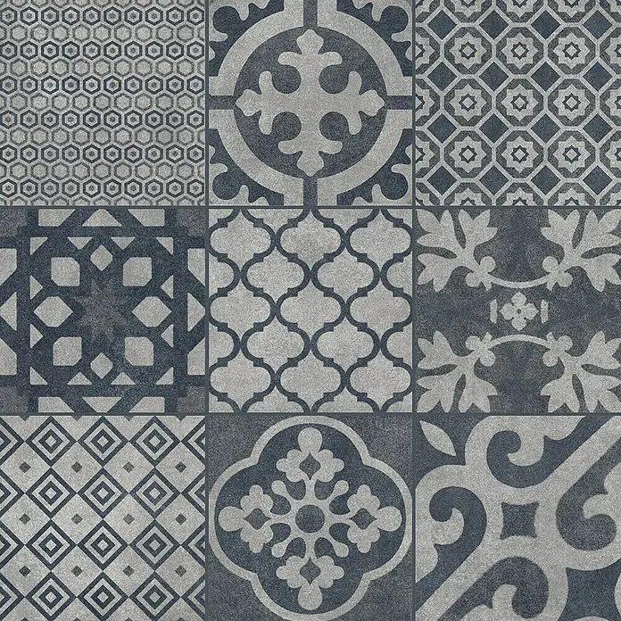 Ambiente by Palazzo Feinsteinzeugfliese Vintage60 x 60 cm, Schwarz, Matt - Bodenfliesen mit verschiedenen grauen Mustern für einen modernen Look. Die Fliesen kombinieren geometrische und florale Designs.