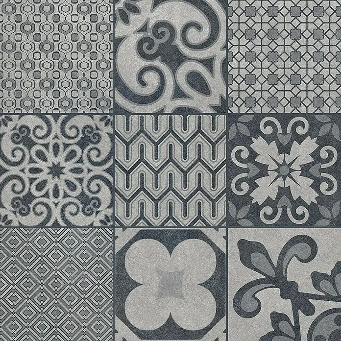 Ambiente by Palazzo Feinsteinzeugfliese Vintage60 x 60 cm, Schwarz, Matt - Bild von neun quadratischen Fliesen mit verschiedenen geometrischen und floralen Mustern in Grau- und Blautönen.