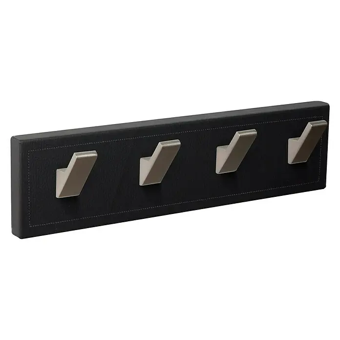 Nesu Garderobenleiste - L x B x H: 40,3 x 5,5 x 10,3 cm, Anzahl Haken: 4 Stk., Schwarz, Leder - Wandgarderobe mit vier Metallhaken an einer schwarzen, rechteckigen Basis. Stilvolles Design für Flur oder Ankleidezimmer.