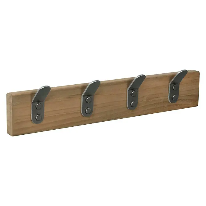 Nesu Garderobenleiste - L x B x H: 40 x 5,6 x 7 cm, Anzahl Haken: 4 Stk., Altsilber/Buche - Eine hölzerne Wandgarderobe mit vier Metallhaken, ideal zur Aufbewahrung von Jacken und Hüten im Flur oder Schlafzimmer.
