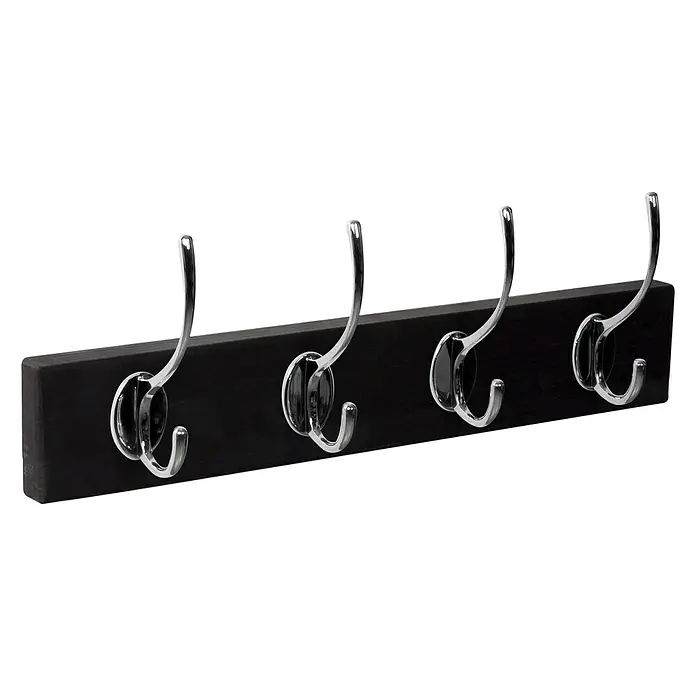 Nesu Garderobenleiste - L x B x H: 40 x 6,4 x 7 cm, Anzahl Haken: 4 Stk., Schwarz, Silber - Garderobenleiste mit vier silberfarbenen Haken an einer dunklen Holzleiste für Jacken, Hüte und Accessoires. Praktische Wandgarderobe für den Flur.