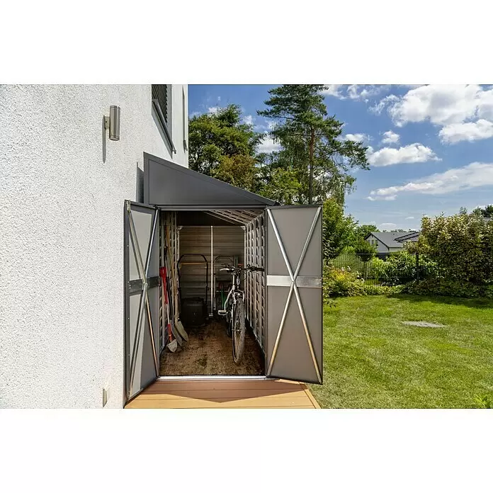Spacemaker Gerätehaus 4x10 - Außenmaß inkl. Dachüberstand (B x T): 124,5 x 294,6 cm, Stahl, Grau - Stimmungsaufnahme