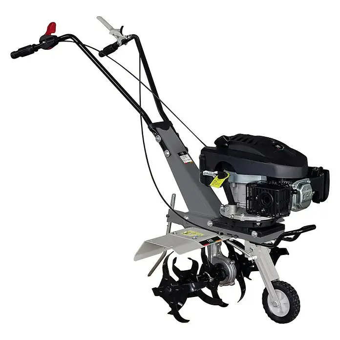 Azada de gasolina Le Mans 150 - 2,6 kW, 4 tiempos, Recomendación máxima de superficie: 300 m² - Primer plano de una motoazada con bastidor gris, motor negro y cuchillas de cultivo negras.