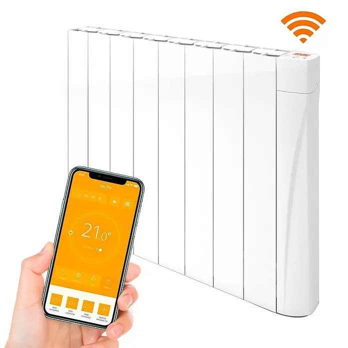 Voltomat HEATING Emisor térmico VOLCW - 1.000 W, Blanco, 9,8 x 58,5 x 57,5 cm, Cerámico - Primer plano de un radiador blanco con símbolo Wi-Fi y una app para smartphone para control de temperatura.