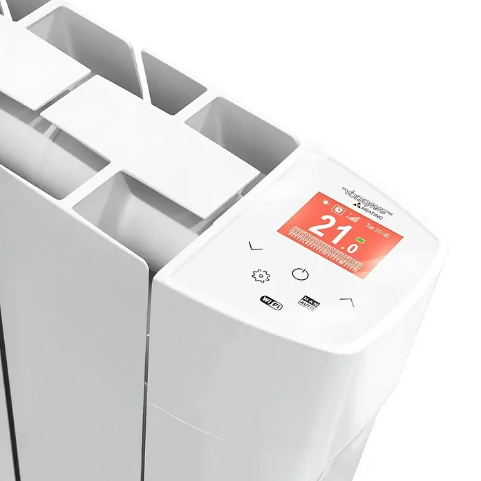 Voltomat HEATING Emisor térmico VOLTW - 1.000 W, Blanco, 9,8 x 74,7 x 57,5 cm, Fluido - Primer plano de un radiador blanco moderno con control digital y función Wi-Fi para el hogar inteligente.