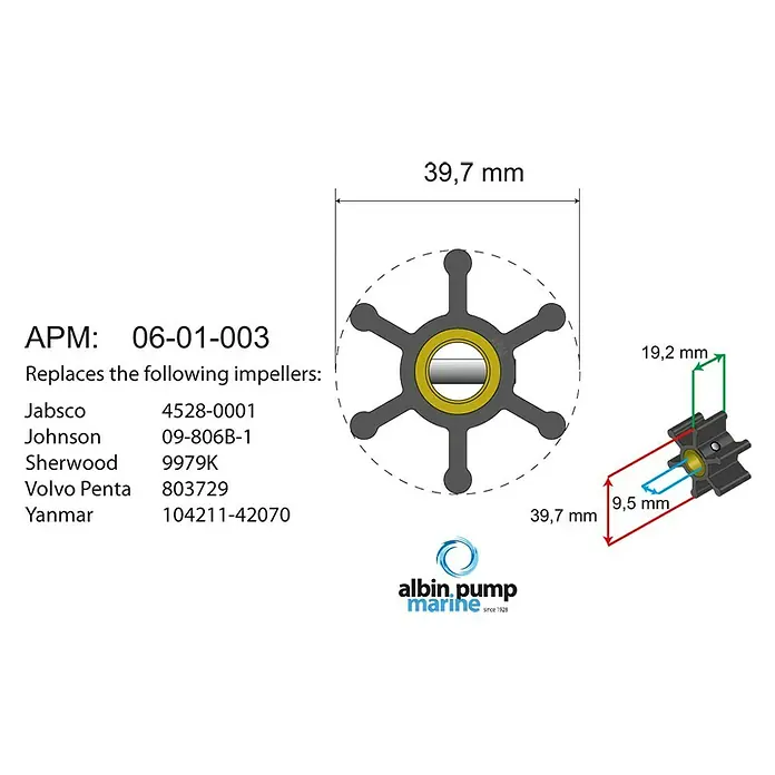 Albin Pump Impeller PN 06-01-003 - Ø x L: 39,7 x 19,2 mm, Wellendurchmesser: 9,5 mm - Abbildung eines APM 06-01-003 Impellers, der Jabsco, Johnson, Sherwood, Volvo Penta und Yanmar Impeller ersetzt.