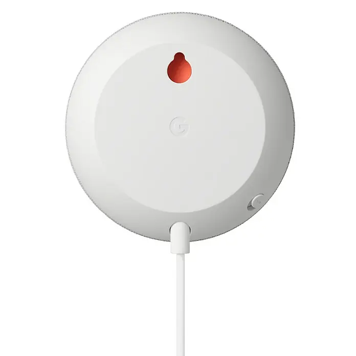 Google Nest Starter-Set Ledvance Smart+ BT Leuchtmittel - Kreide, 5,5 W, E27, Warmweiß, Dimmbar - Rückansicht eines weißen Google Nest Mini Smart Speakers, der an der Wand montiert werden kann.