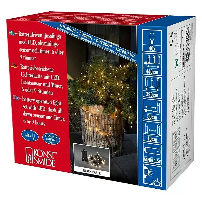 Konstsmide LED-Lichterkette Globes - Außen, Lichtfarbe: Warmweiß, Anzahl Leuchtmittel: 40 Stk., Batteriebetrieben - Batteriebetriebene, warmweiße LED-Lichterkette (40x, schwarzes Kabel) mit Dämmerungssensor und Timer, ideal für Außendekorationen.