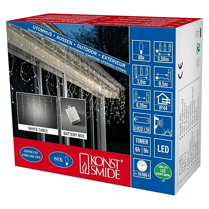 Konstsmide LED-Lichtervorhang Eisregen - Außen, 3,5 m, Warmweiß, 80 Stk., Batteriebetrieben - Produktverpackung für eine batteriebetriebene LED-Lichterkette mit Timerfunktion für den Außenbereich, 80 LEDs und weißem Kabel.