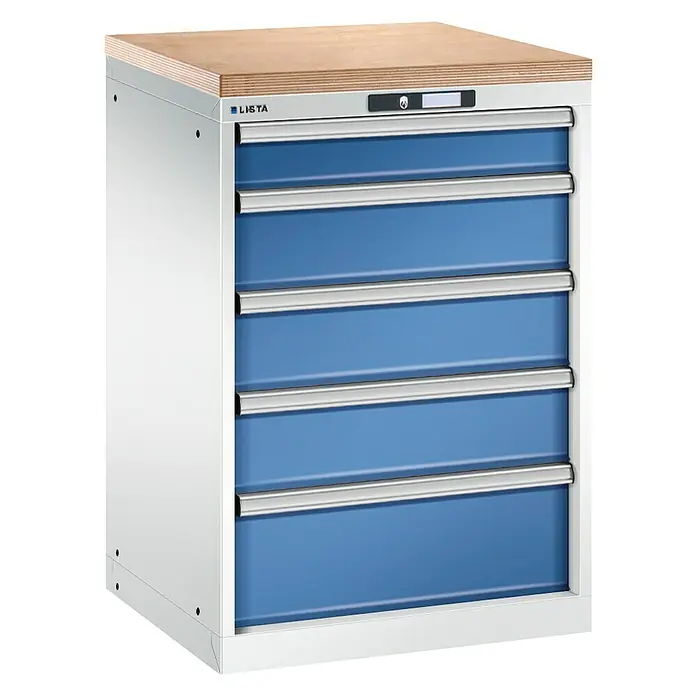 Lista Schubladenschrank - 564 x 572 x 890 mm, 5 Stk. - LISTA Schubladenschrank mit robuster Holzplatte und blauen Schubladen für Werkstatt und Lager. Solide Verarbeitung für den professionellen Einsatz.