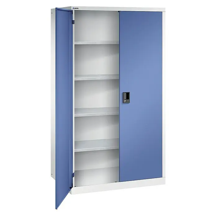 Lista Flügeltürschrank - 500 x 1.002 x 1.950 mm - Ein blauer LISTA Flügeltürenschrank mit Fachböden. Er ist offen und bietet viel Stauraum. Ideal für Büro oder Werkstatt.