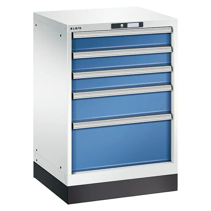 Lista Schubladenschrank - 564 x 572 x 900 mm, 5 Stk. - Blauer Lista Schubladenschrank mit silbernen Griffen, ideal für Werkstatt und Lager, bietet viel Stauraum für Werkzeuge und Materialien.