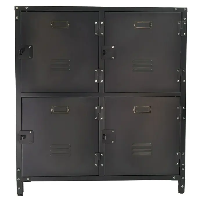 Metall-Mehrzweckschrank Vintage Industrial Style - 35 x 75 x 82,5 cm, Anzahl Türen: 4 Stk., Anzahl Fächer: 4 Stk. - Bild eines schwarzen Spindschranks mit vier Fächern und Metalleffekt. Ein stilvolles Möbelstück für die Aufbewahrung.