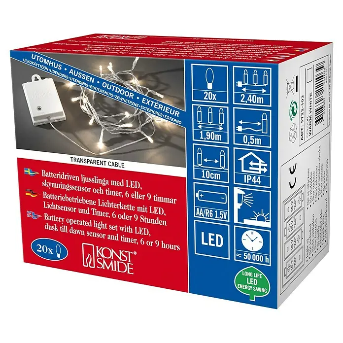 Konstsmide LED-Lichterkette - Außen, Lichtfarbe: Warmweiß, Batteriebetrieben, 1,9 m, Klar - Produktverpackung einer batteriebetriebenen LED-Lichterkette für den Außenbereich mit Dämmerungssensor und Timer für 6 oder 9 Stunden.