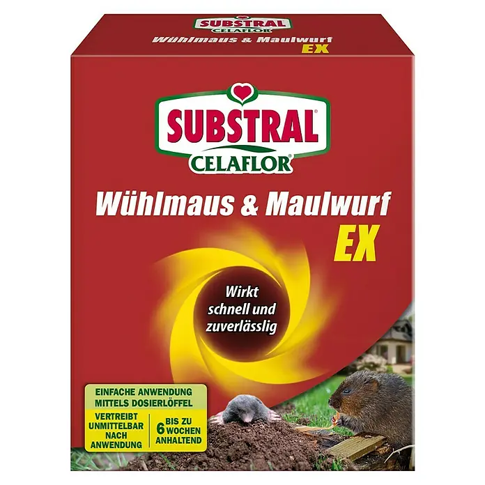 Substral Celaflor Wühlmaus- & Maulwurfschreck EX - Geeignet für: Maulwürfe & Wühlmause - Bild einer Substral Celaflor Wühlmaus & Maulwurf EX-Packung, einem Produkt zur Bekämpfung von Wühlmäusen und Maulwürfen.