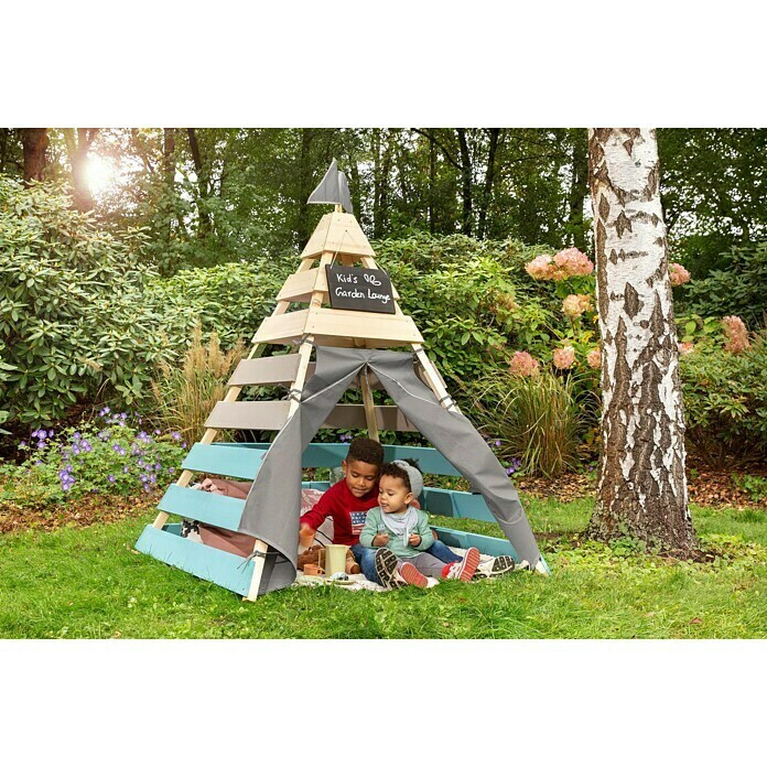 Muddy Buddy Tipi-Zelt DreamerL x B: 135 x 135 cm, Holz, Natur/Warmgrau/Petrolblau Mood Shot