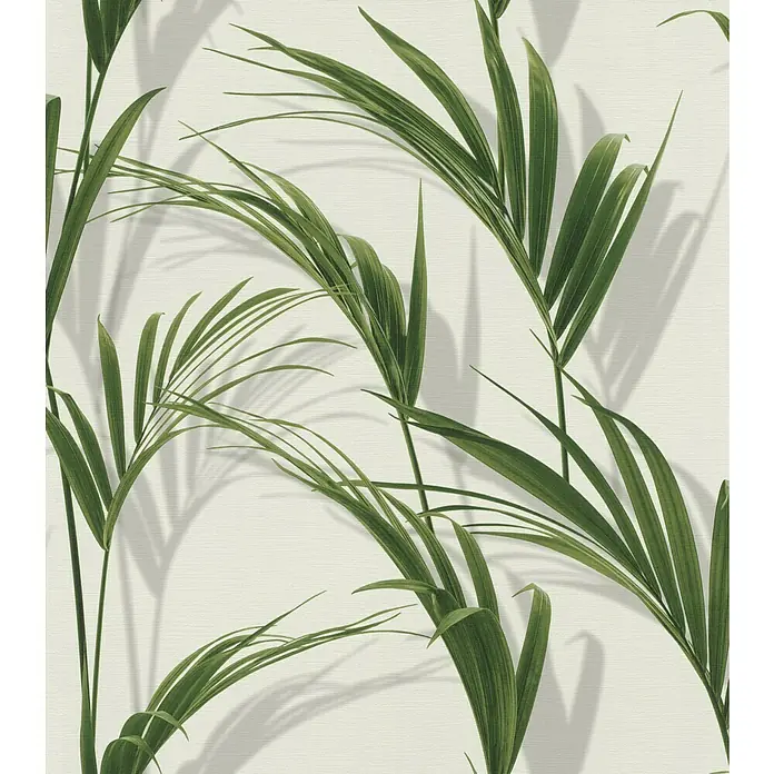 FREUNDIN HOME COLLECTION III Vliestapete Blätter - Weiß/Grün, Floral, 10,05 x 0,53 m - Nahaufnahme eines grünen Palmblatt-Tapetenmusters, das eine tropische und natürliche Atmosphäre für die Raumgestaltung schafft.