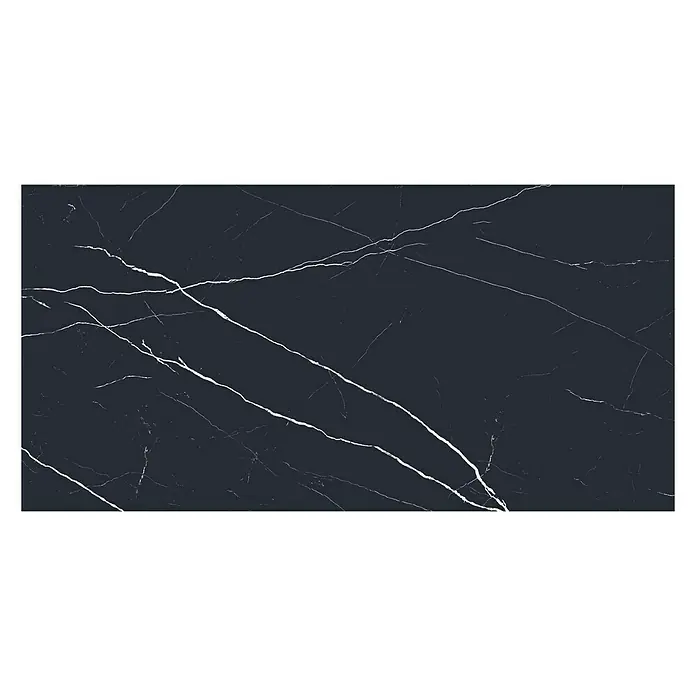 Feinsteinzeugfliese Black Marble - 60 x 120 cm, Schwarz, Glänzend - Elegante dunkle Marmorfliese mit auffälligen weißen Adern. Ideal für stilvolle Innenräume und exklusive Designakzente.