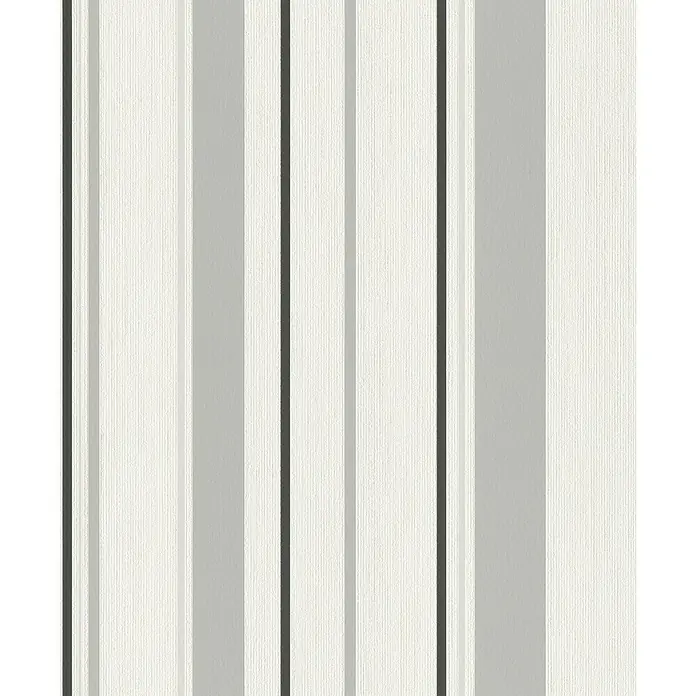 Rasch Rock'n Rolle Vliestapete Stripes - Weiß/Grau/Schwarz, Streifen, 10,05 x 0,53 m - Vertikale Streifen in Weiß, Grau und Schwarz verleihen dieser strukturierten Tapete einen modernen Look und eine elegante Atmosphäre.