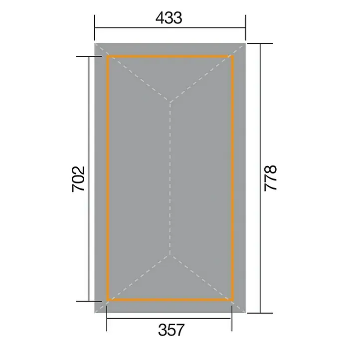 Weka Pavillon Gartenoase 651 B - L x B: 778 x 443 cm - Abbildung eines rechteckigen Produkts mit den Maßen 433 x 357 oben und 702 x 778 an den Seiten, hervorgehoben in Orange.
