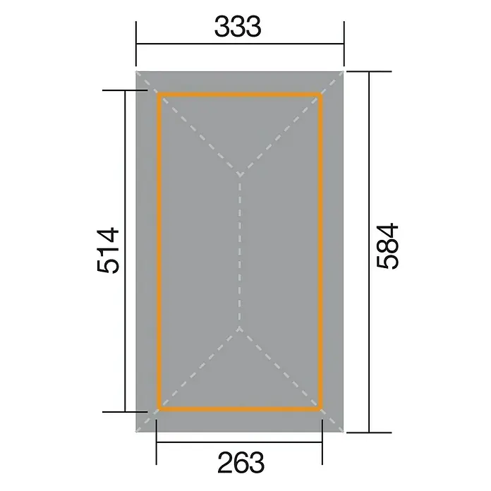 Weka Pavillon Gartenoase 651 B - L x B: 584 x 333 cm - Produktbild mit Abmessungen: 333 oben, 263 unten, 514 links und 584 rechts. Rechteckige Form mit Details, ideal für technische Spezifikationen.