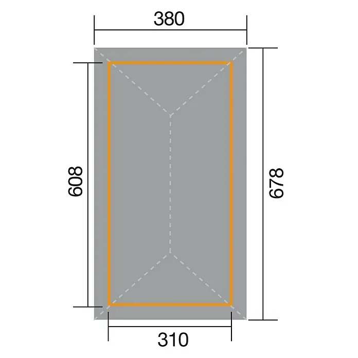 Weka Pavillon Gartenoase 651 B - L x B: 678 x 380 cm - Abbildung eines rechteckigen Produkts mit den Maßen 380 x 678 mm oben und 310 x 809 mm unten.