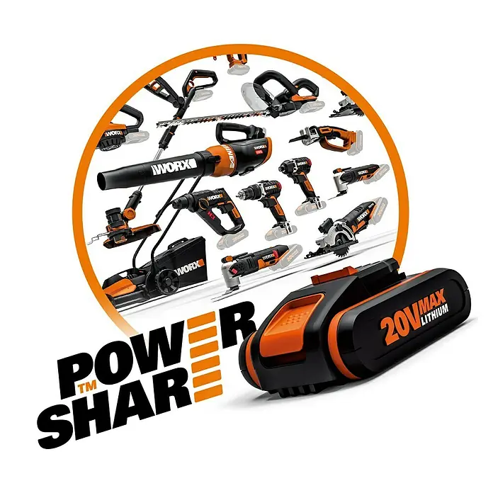 Worx PowerShare 20V Maschinenpaket - Akku-Heckenschere WG286E.9, 20V, 2,0 Ah Akku & 20V 2A Schnellladegerät - Abbildung des WORX Power Share Akkus. Das 20V Max Lithium Akkusystem ist mit verschiedenen WORX-Werkzeugen kompatibel.