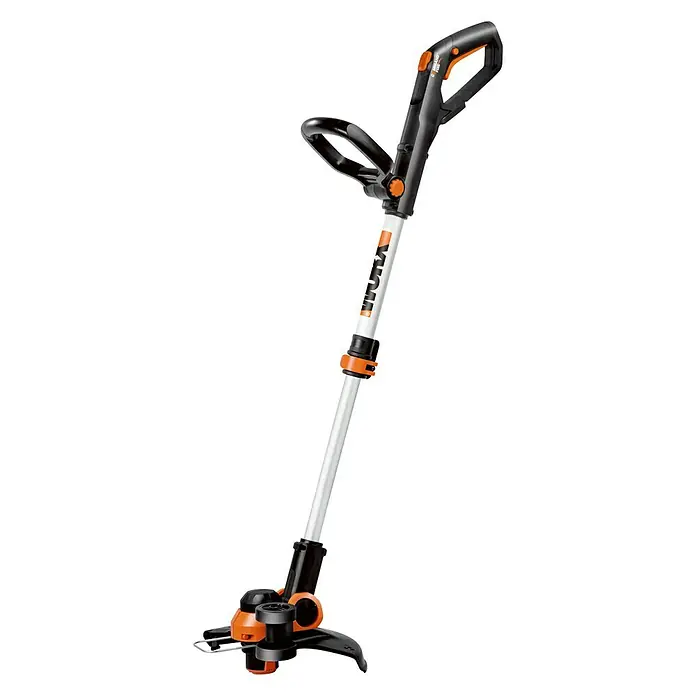 Worx PowerShare 20V Akku-Rasentrimmer WG163E.9 - 20 V, Li-Ionen, Ohne Akku - Das Bild zeigt einen Akku-Rasentrimmer von Worx mit verstellbarem Griff und Trimmerkopf, ideal für die Rasenpflege.