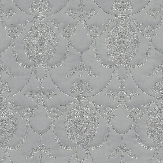 Rasch Trianon Vliestapete II - Dunkelgrau, Ornament, 10,05 x 0,53 m - Elegantes graues Stoffmuster mit floralen Ornamenten und dekorativen Details, ideal für stilvolle Inneneinrichtungen.