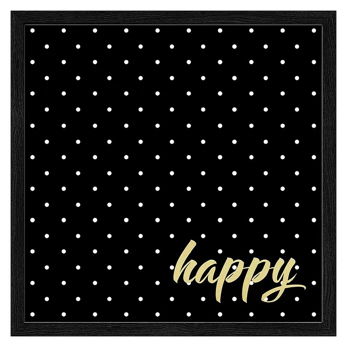 ProArt Bild - Happy, B x H: 33 x 33 cm - Schwarzer Bilderrahmen mit einem schwarzen Hintergrund mit weißen Punkten und dem goldenen Schriftzug "Happy", eine fröhliche Wanddekoration.