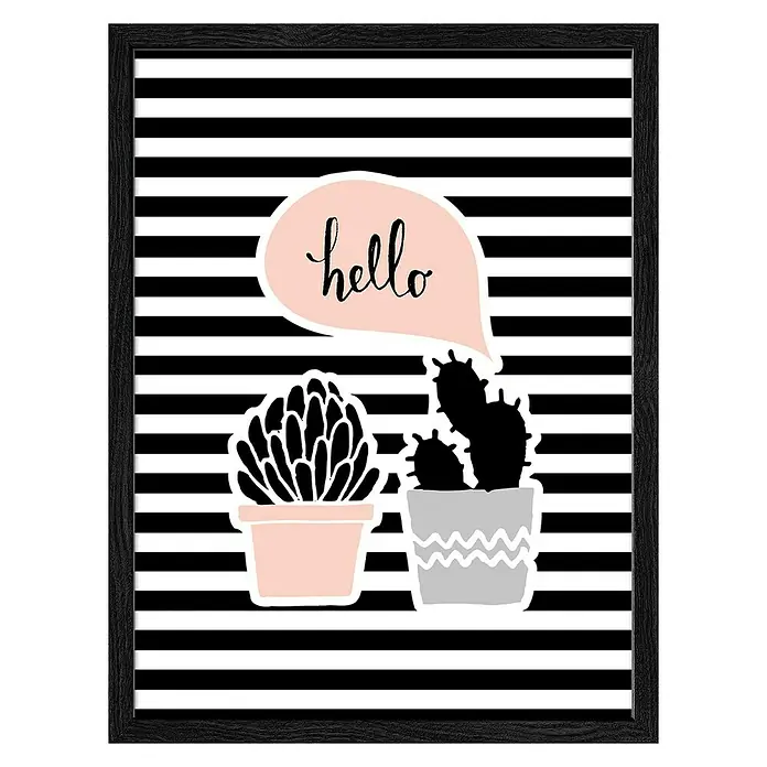 ProArt Bild - Hello Kaktus, B x H: 43 x 33 cm - Gerahmtes Wandbild mit Kakteenmotiven und dem Schriftzug "Hallo" auf einem gestreiften Hintergrund, eine dekorative Ergänzung für jeden Raum.