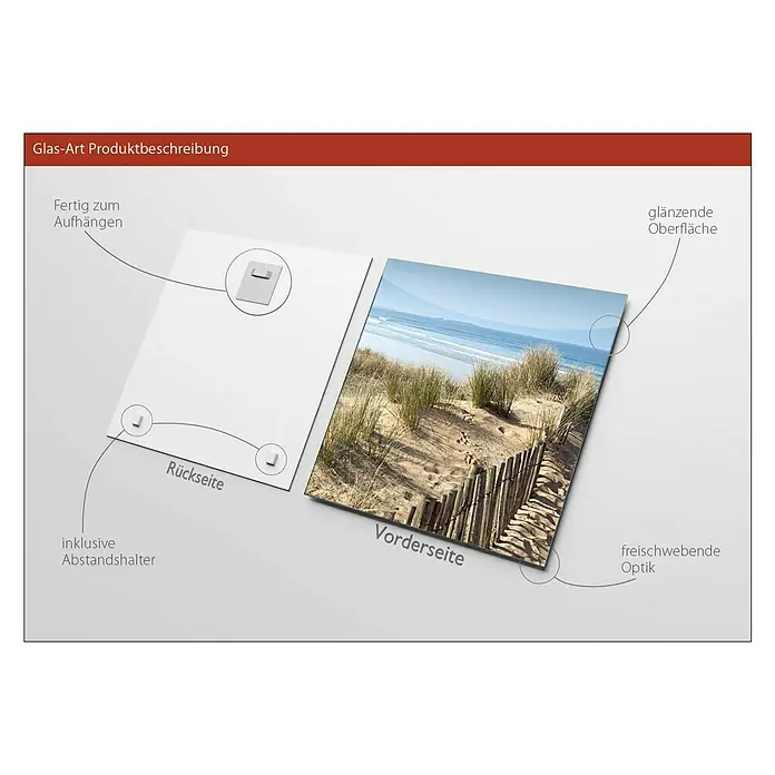 ProArt Glasbild - Ostsee, B x H: 20 x 20 cm - Produktbeschreibung für Glas-Art: Rückseite mit Aufhänger, Abstandshalter. Vorderseite mit glänzender Oberfläche und freischwebender Optik.