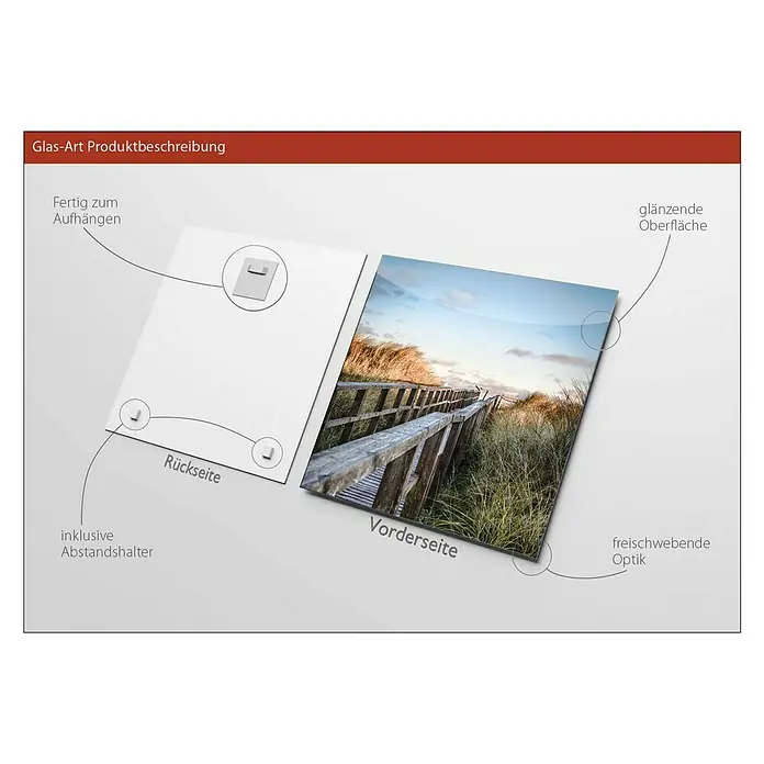 ProArt Glasbild - Sundown II, B x H: 30 x 30 cm - Produktbeschreibung eines Glasbildes, das fertig zum Aufhängen ist, mit glänzender Oberfläche, schwebender Optik und inklusivem Abstandshalter.