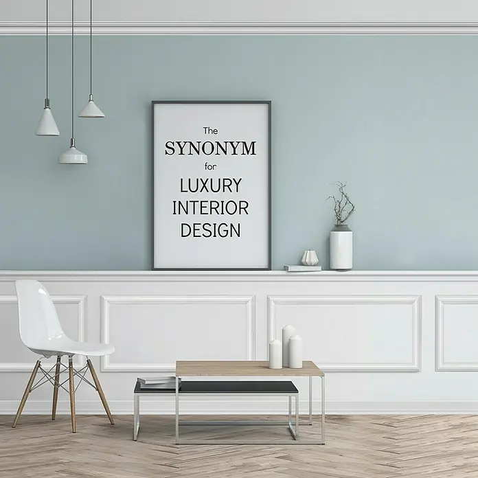 Wandleiste CW 10 - Länge: 2 m, Weiß - Ein stilvolles Interieur mit einem eleganten Couchtisch, einem weißen Stuhl und einem dekorativen Wandbild.