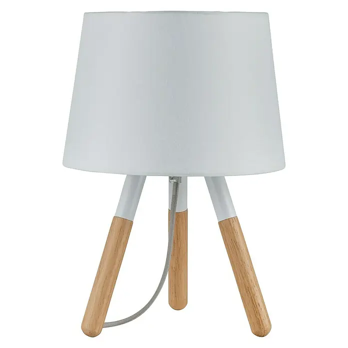 Paulmann Neordic Tischleuchte Berit - 20 W, Hellbraun, E27 - Nahaufnahme einer stilvollen Tischleuchte mit weißem Lampenschirm und einem skandinavisch inspirierten Holzfuß. Perfekt für moderne Wohnräume.