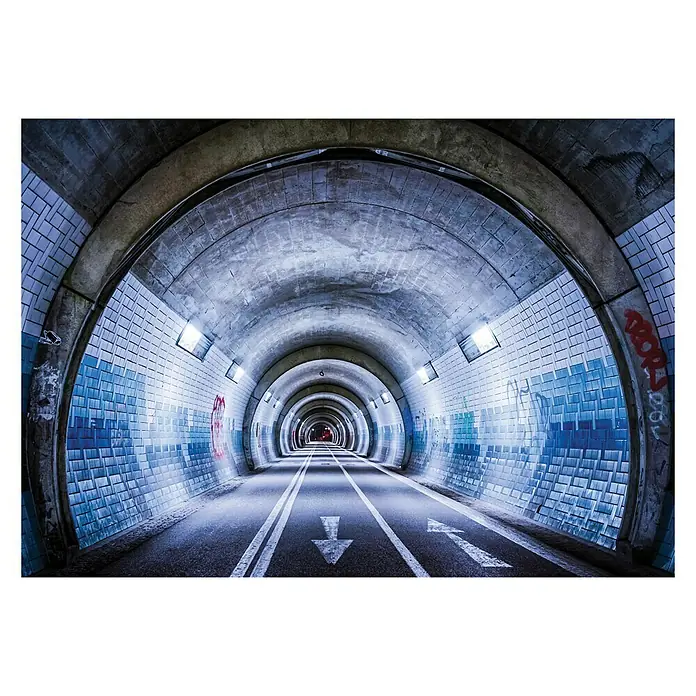 Fototapete Tunnel IIIB x H: 312 x 219 cm, Vlies - Aufnahme eines langen Tunnels mit Fliesenwänden, Fahrbahnmarkierungen und regelmäßigen Leuchten an der Decke, die Perspektive und Tiefe betonen.