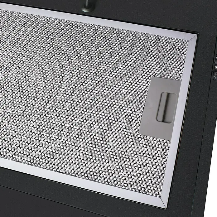 Respekta Schräghaube Hera - Breite: 89,5 cm, Max. Gebläseleistung Abluftbetrieb: 587 m³/h, Schwarz/Silber - Detailaufnahme eines Dunstabzugsfilter aus Metall, der in einem modernen Küchendesign für saubere Luft sorgt.